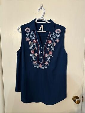 Roper navy blue sleeveless western top colourful floral embroidery xl